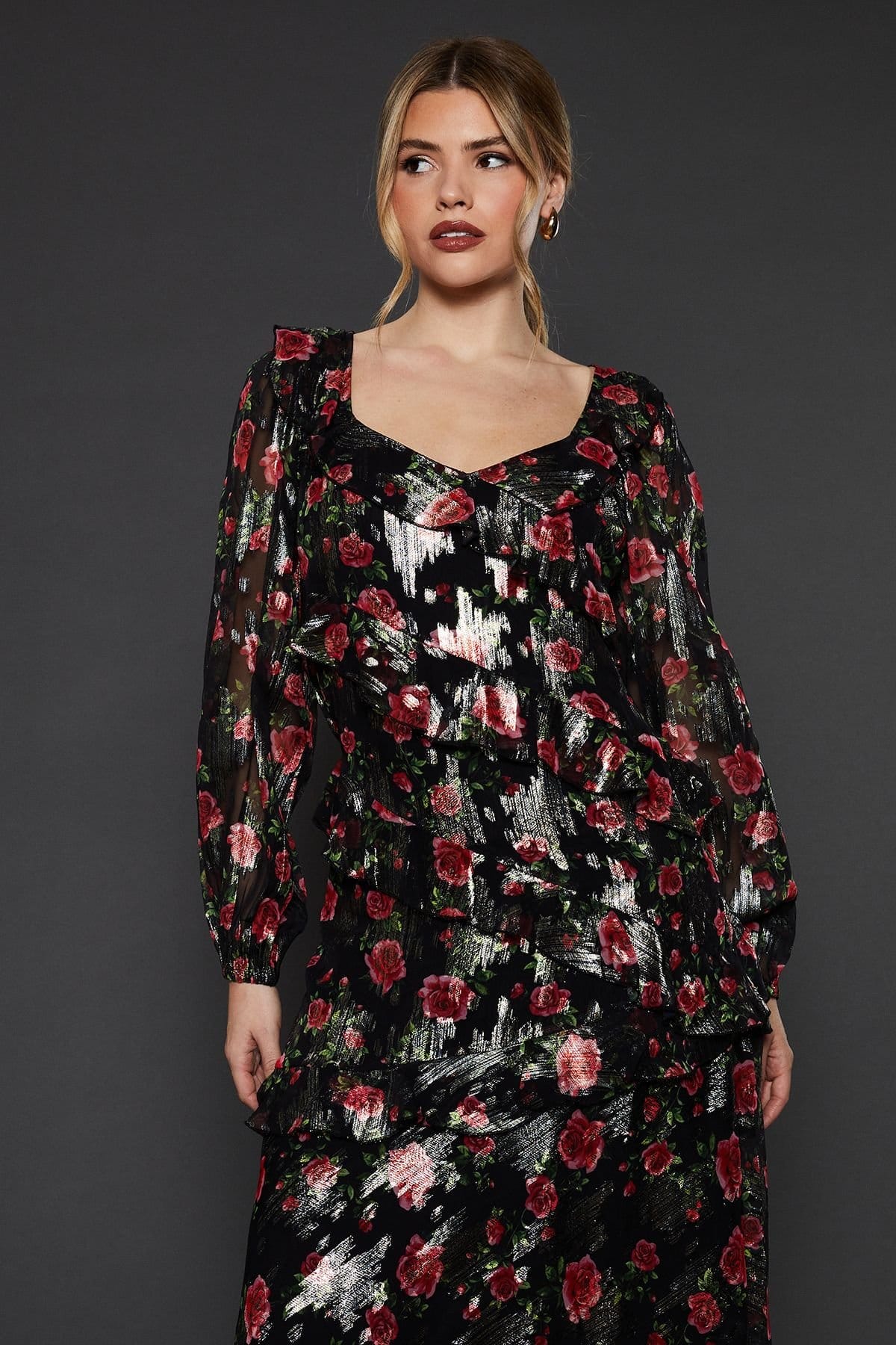 Dorothy Perkins Dorothy Perkins Women's Black Floral Ruffle Long Sleeve Chiffon Metallic Midi Dress - 4