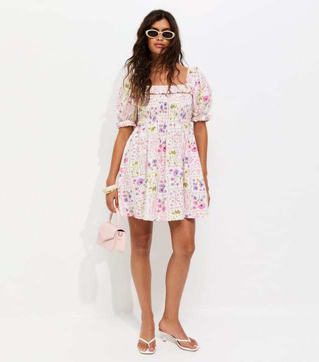 New Look Women's Cream Cotton Rich Floral Print Short Sleeve Shirred Frill Mini Dress New Look - 3