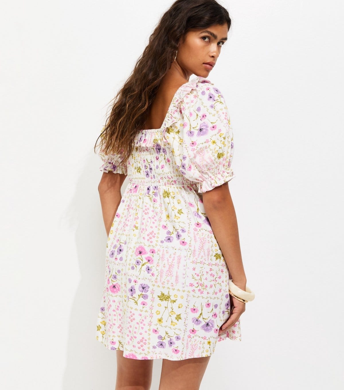 New Look Women's Cream Cotton Rich Floral Print Short Sleeve Shirred Frill Mini Dress New Look - 4