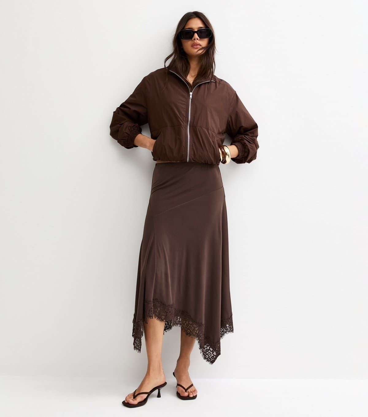 New Look Women's Dark Brown Lace Trim Hanky Hem Midi Skirt New Look