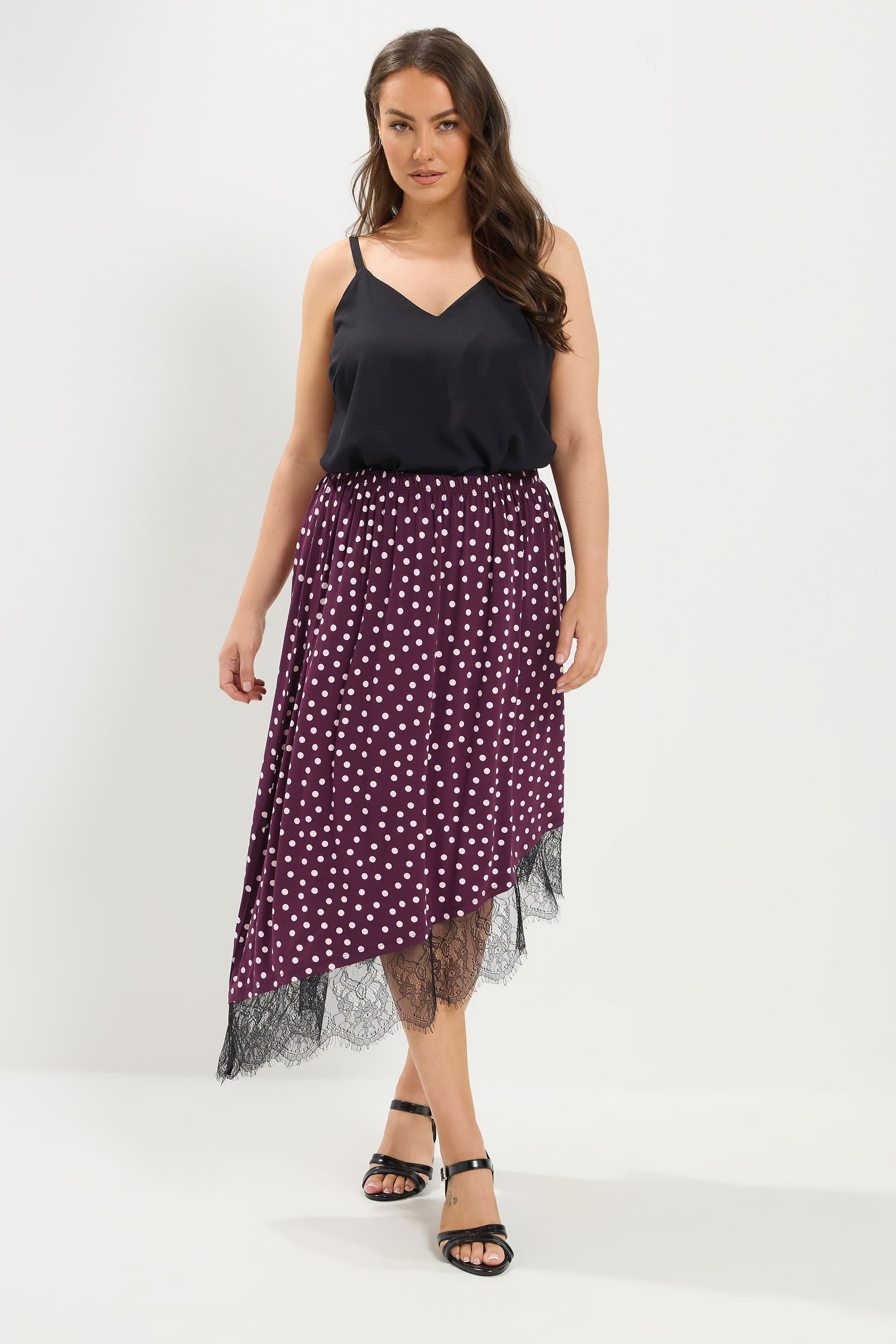 Yours Plus Size Purple Polka Dot Lace Asymmetric Hem Skirt