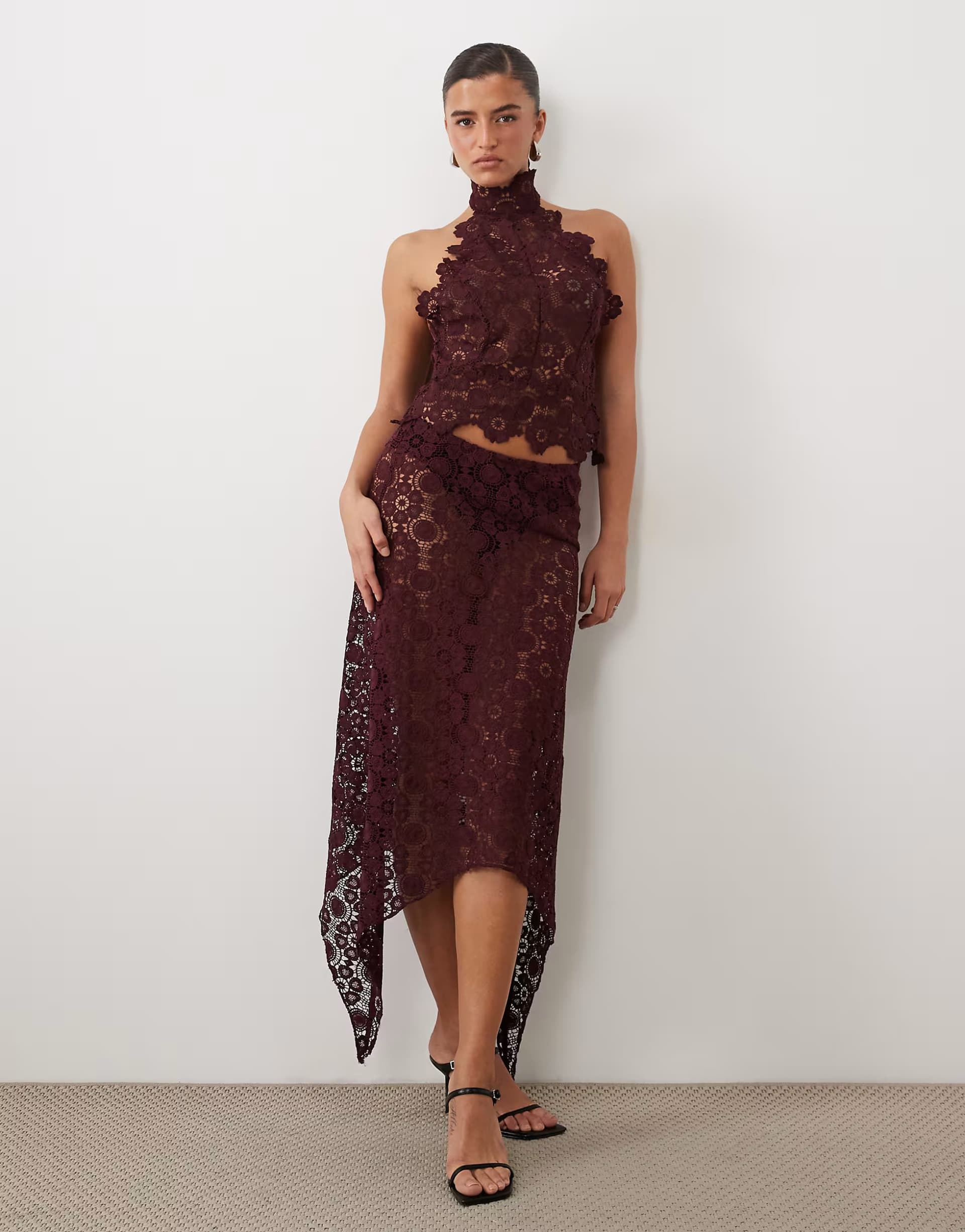 ASOS Lioness Trophy sheer lace intricate floral detail high neck top and asymetric skirt co-ord in burgundy