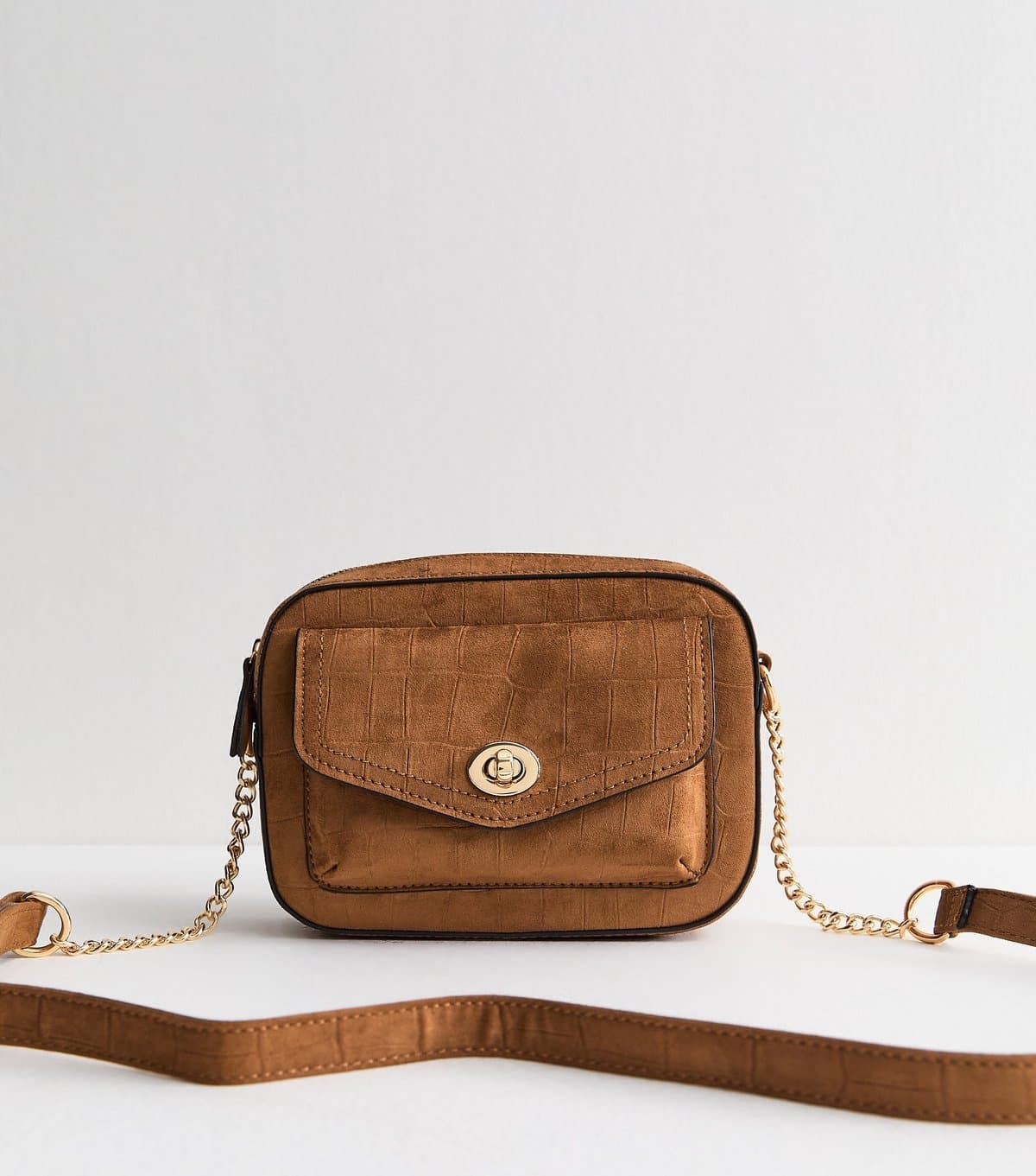 New Look Tan Faux Suede Croc Embossed Crossbody Bag Vegan New Look