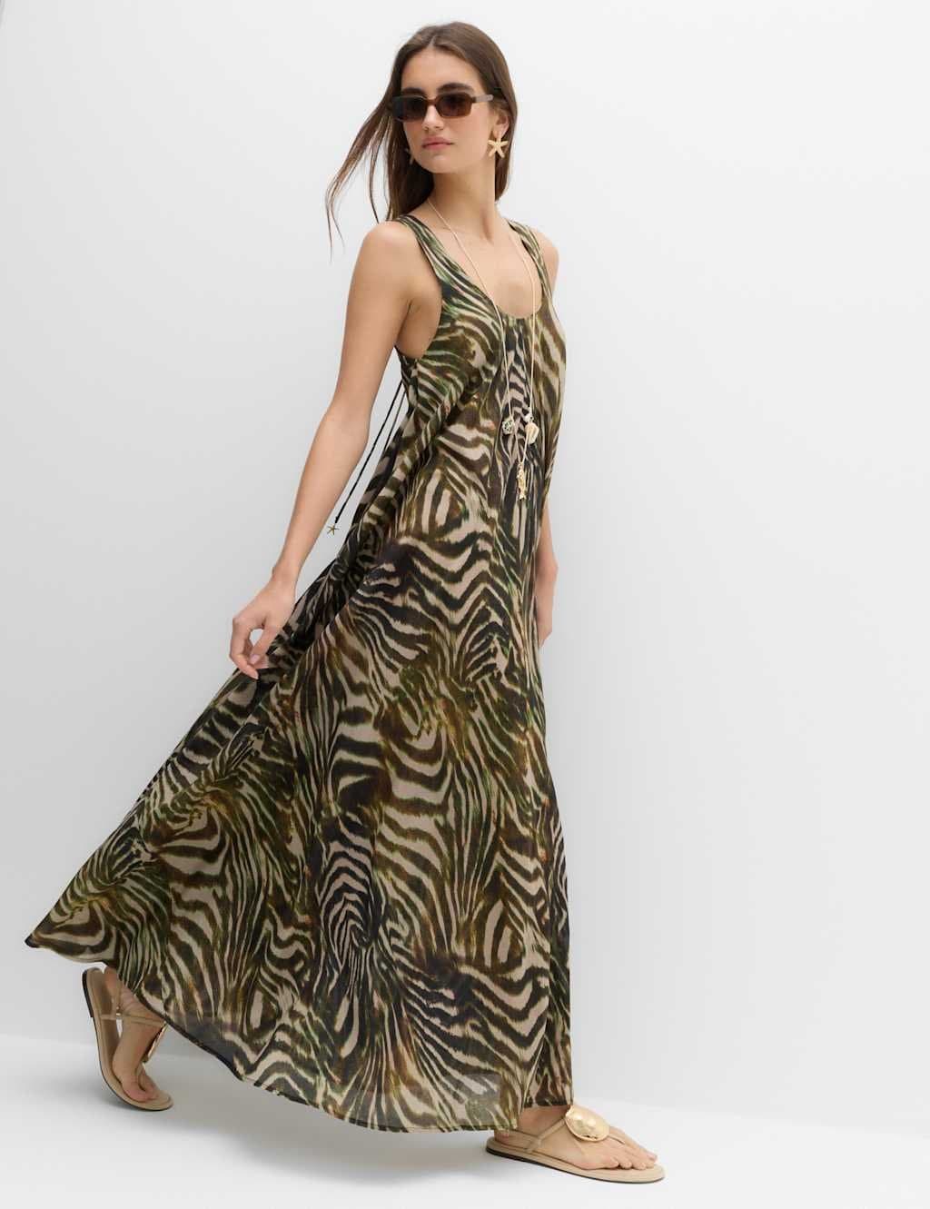 Marks & Spencer M&S Pure Cotton Printed Scoop Neck Maxi Beach Dress Dark Green Mix