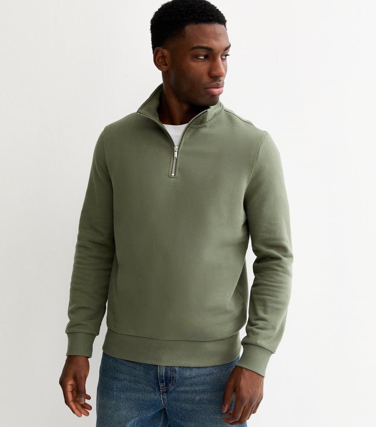 New Look Men's Dark Khaki Regular Quarter Zip Sweatshirt New Look