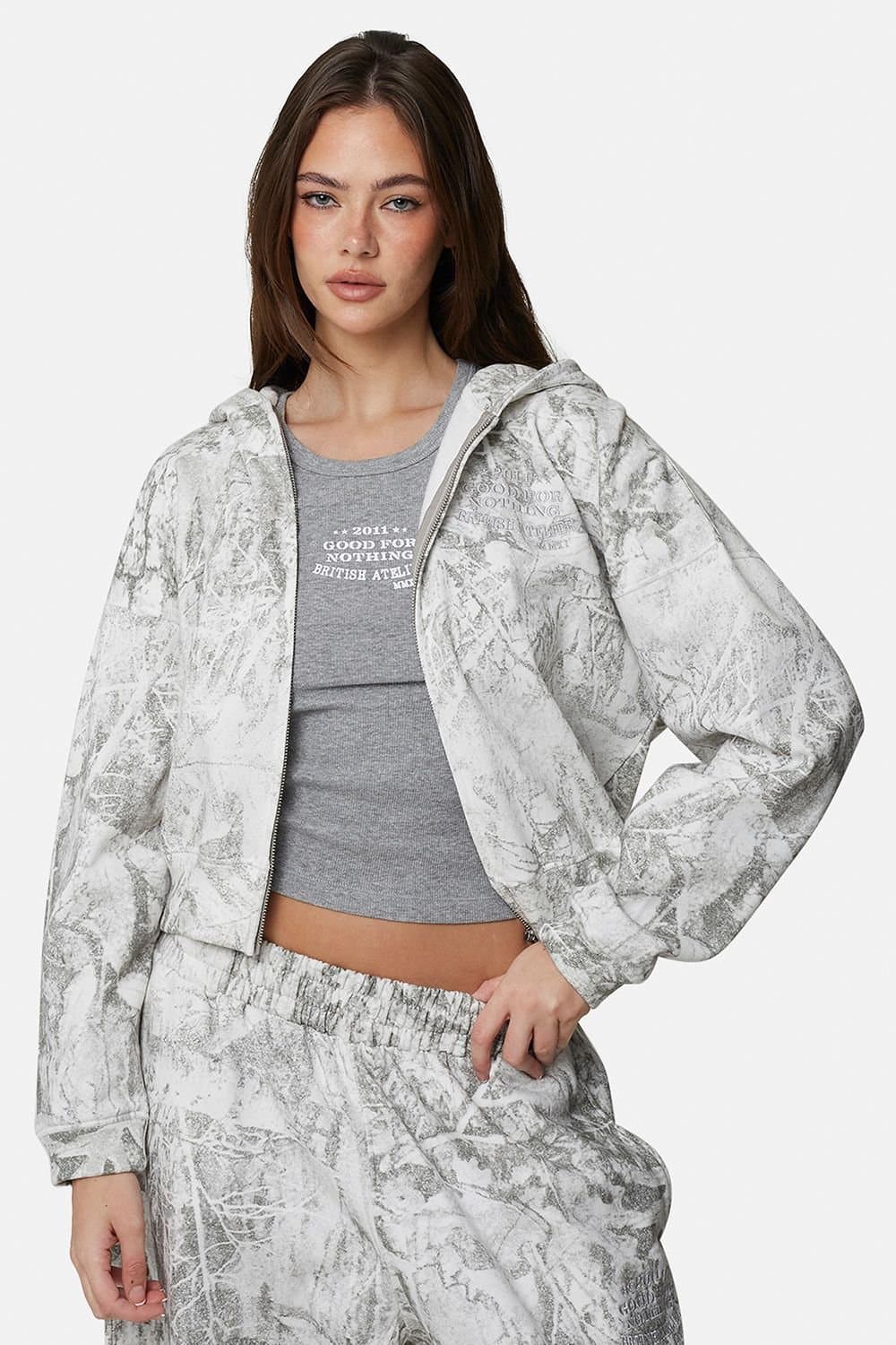 GOOD FOR NOTHING Good For Nothing Women's Baggy Camo Zip Hoodie with Embroidered Logo in Light Grey