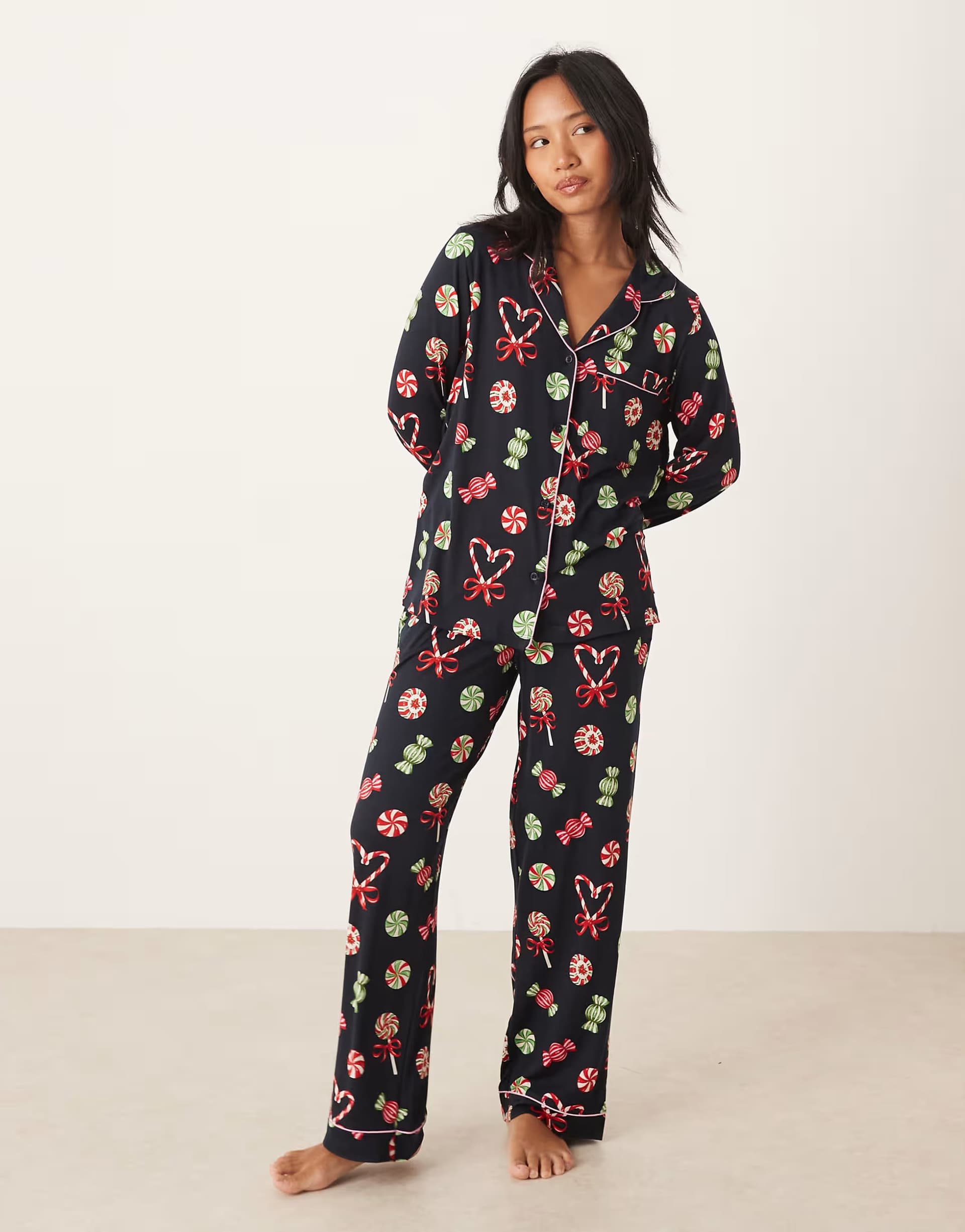 ASOS Chelsea Peers Petite poly long sleeve revere pyjama set in Christmas candy print