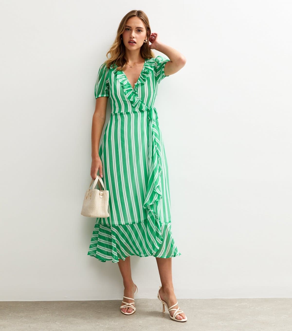 New Look Women's Green Stripe Print Chiffon Wrap Midi Dress New Look