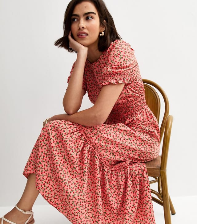 New Look Women's Pink Floral Short Sleeve Tiered Midi Dress New Look - 2