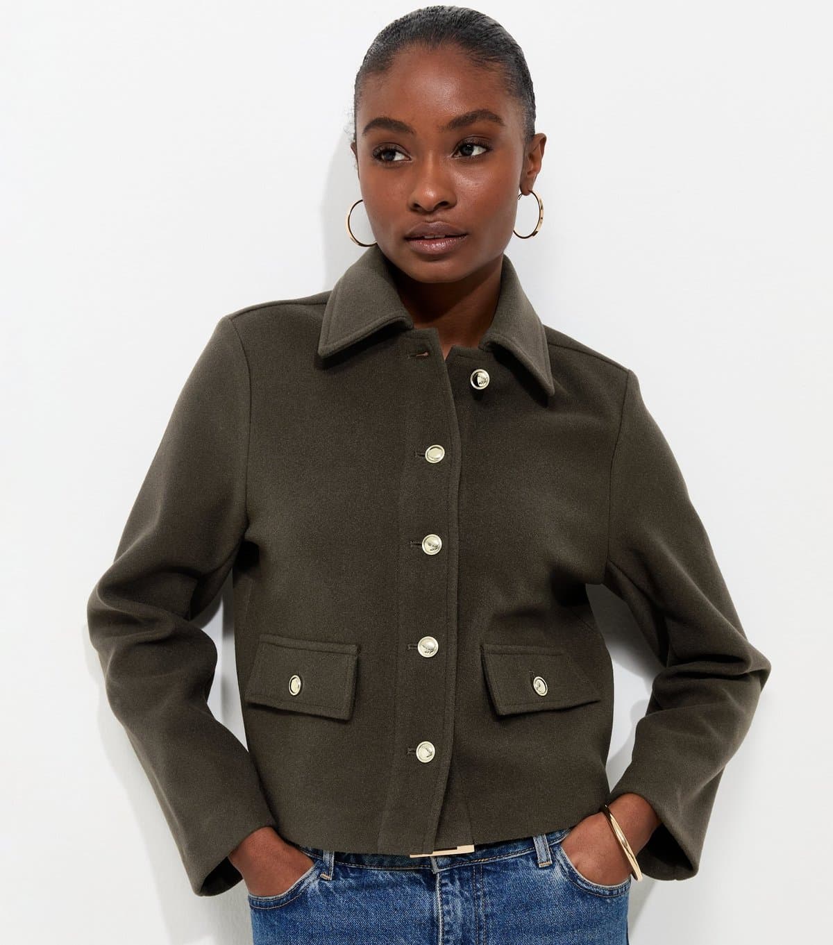 New Look Women's Dark Khaki Button Front Collared Shacket New Look