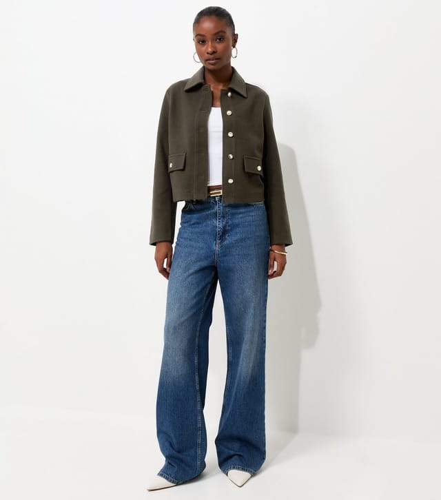 New Look Women's Dark Khaki Button Front Collared Shacket New Look - 3