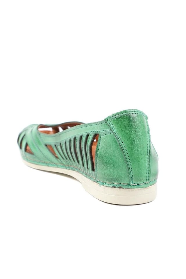 Pavers Pavers Women's Leather Cut Out Peep Toe Flats in Green - 3