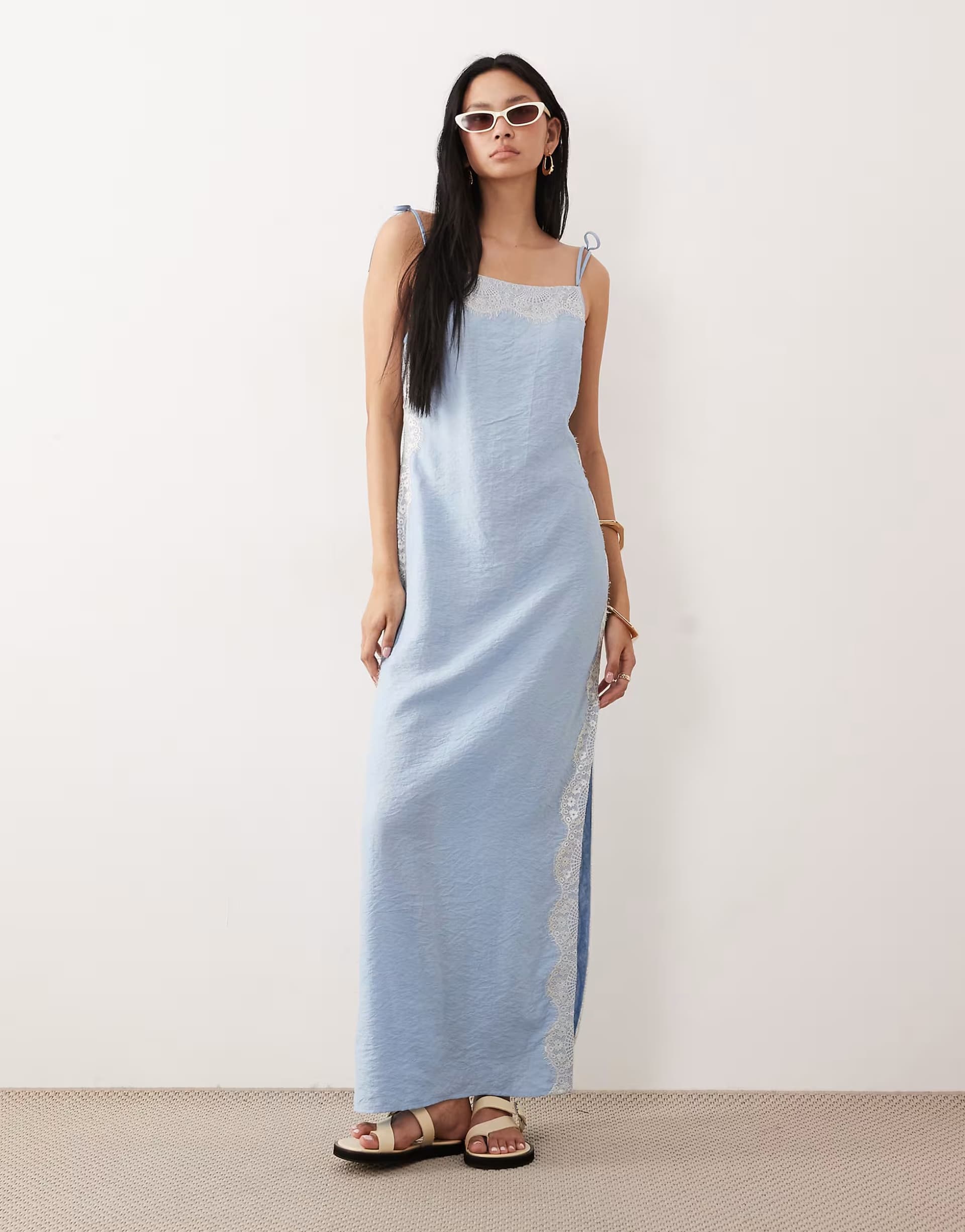 ASOS ASOS DESIGN Tall cami square neck crinkle satin lace detail maxi dress in sky blue