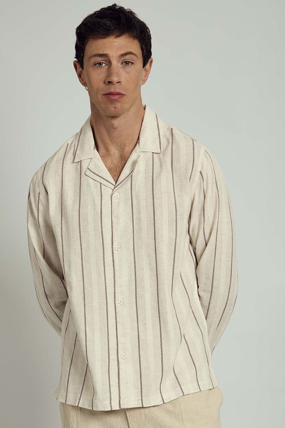 Native Youth Native Youth Men's Long Sleeve Cotton Linen Striped Shirt in Stone