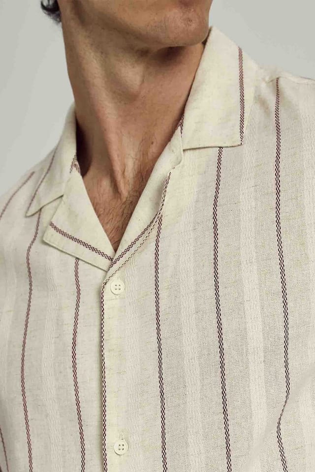 Native Youth Native Youth Men's Long Sleeve Cotton Linen Striped Shirt in Stone - 2
