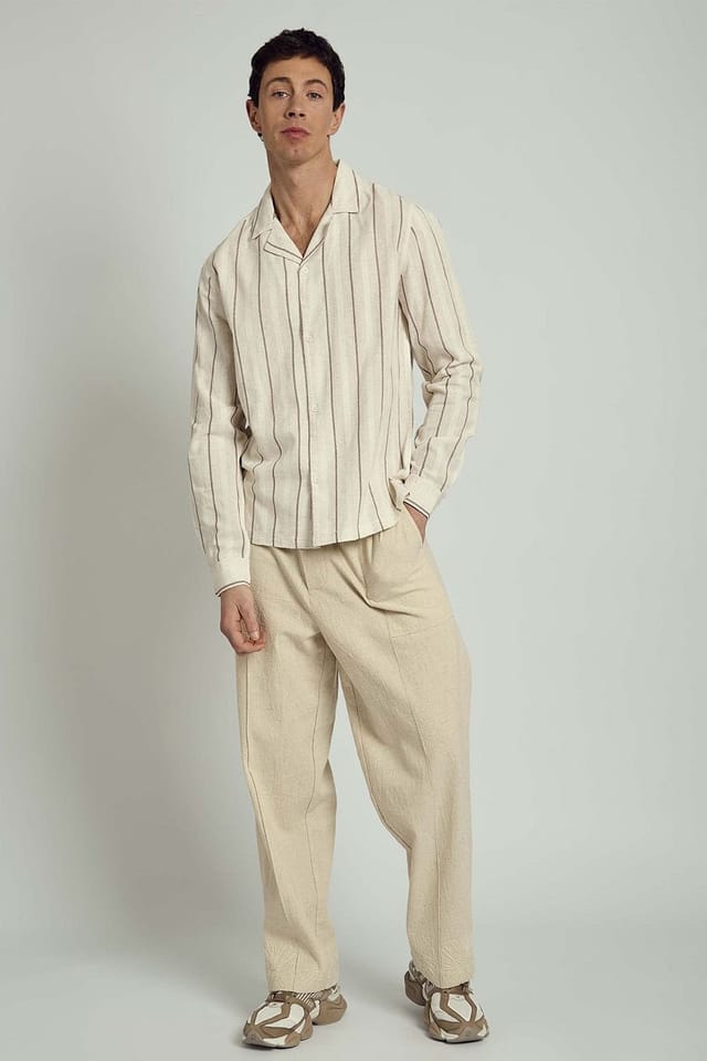 Native Youth Native Youth Men's Long Sleeve Cotton Linen Striped Shirt in Stone - 3