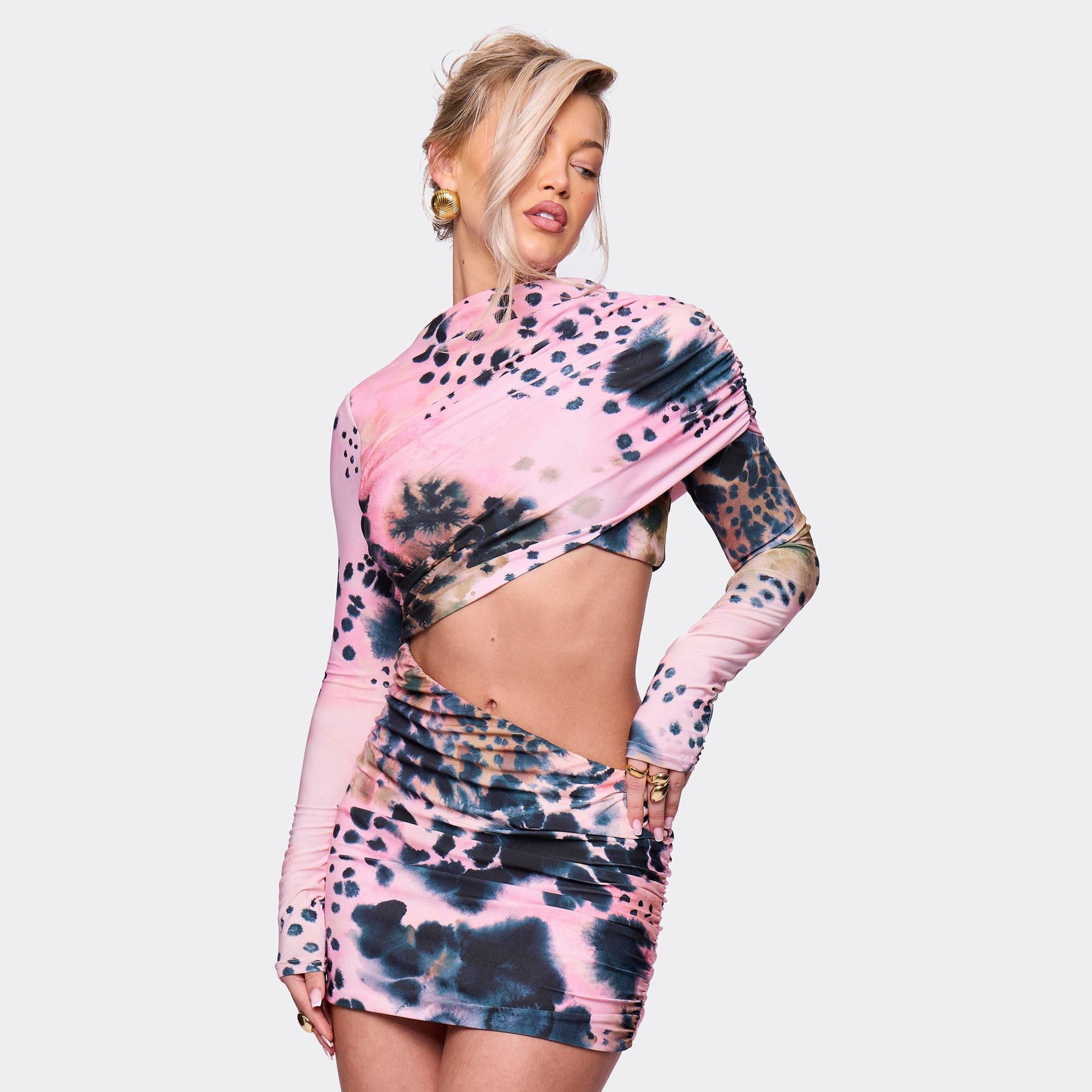 EGO Long Sleeve High Neck Layered Detail Cut Out Mini Dress In Pink Abstract Print, Women's Size UK 6