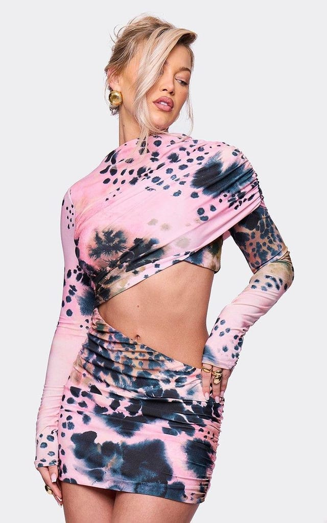 EGO Long Sleeve High Neck Layered Detail Cut Out Mini Dress In Pink Abstract Print, Women's Size UK 6 - 2