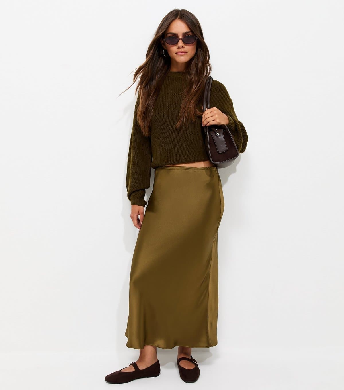 New Look Women's Petite Dark Khaki Satin Bias Cut Midi Skirt New Look