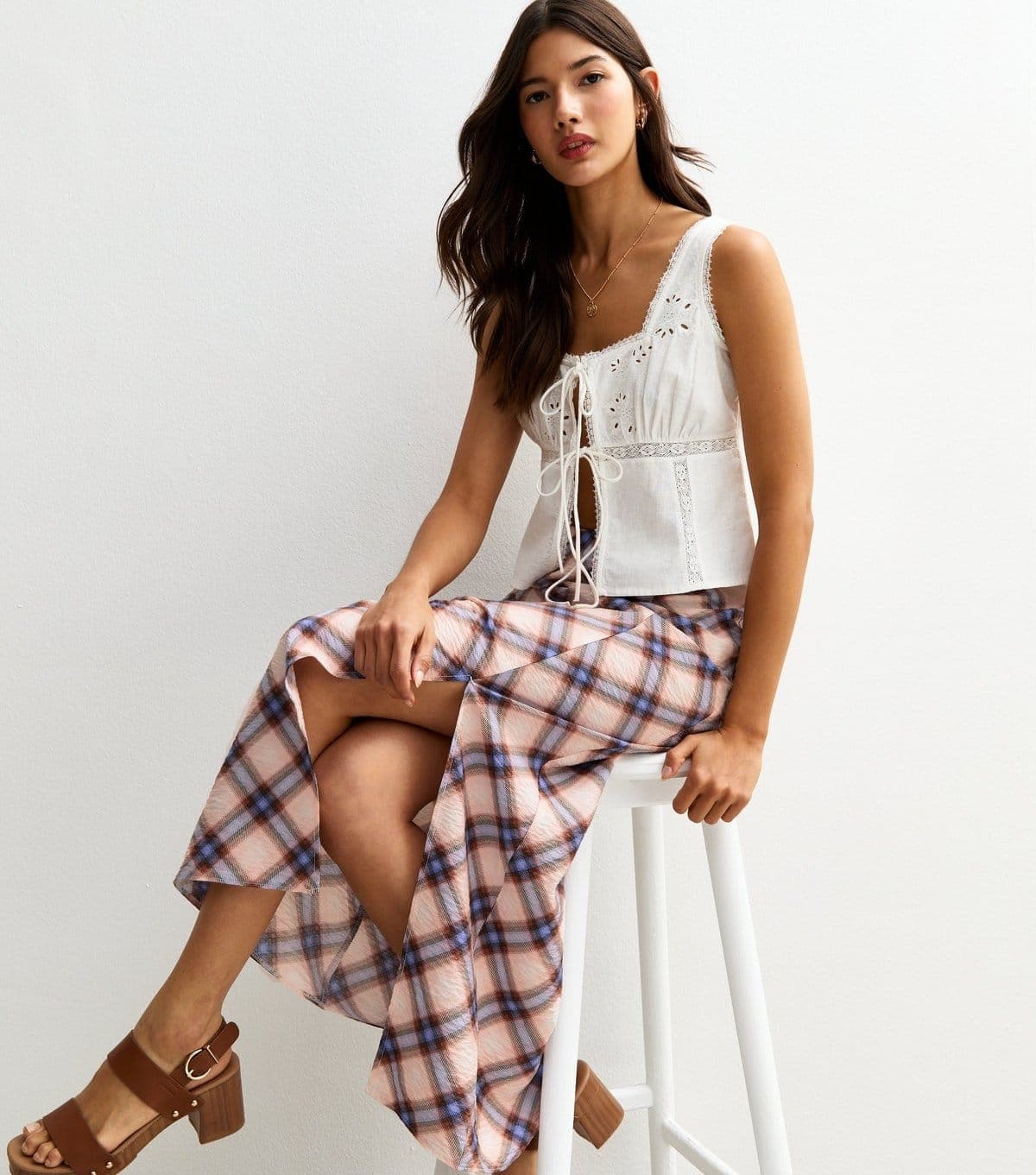 New Look Women's Blue Check Print Side Slit Midi Skirt New Look