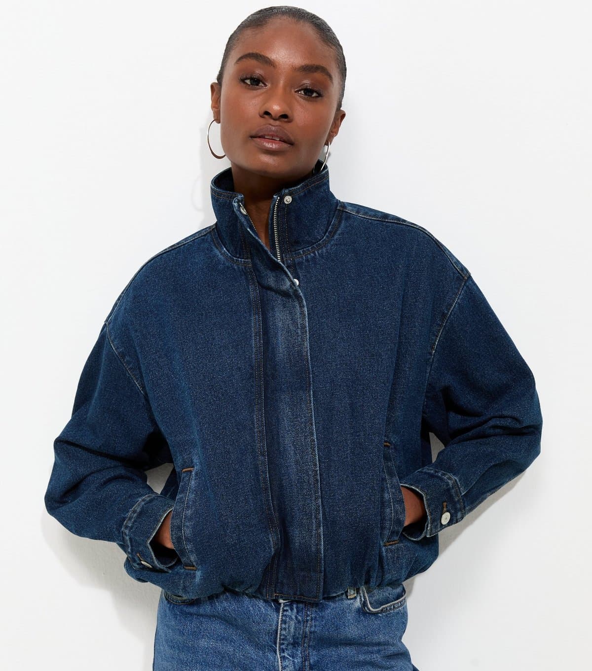New Look Women's Blue Cotton Funnel Neck Denim Jacket New Look