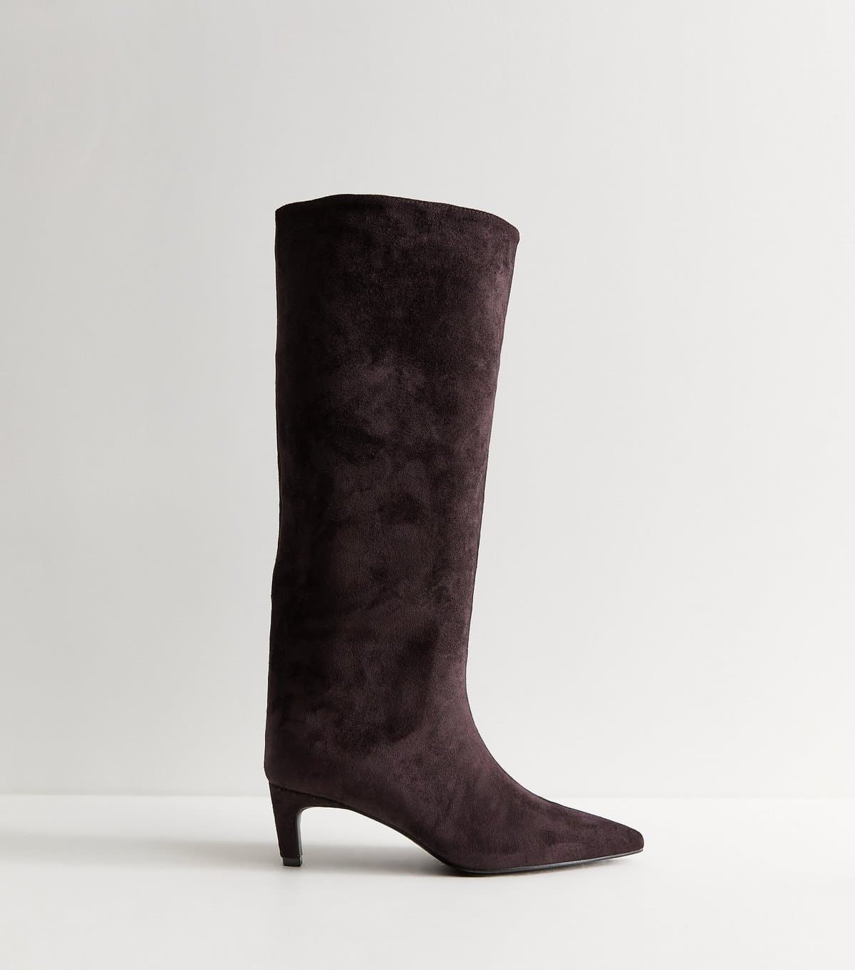 New Look Women's Dark Burgundy Faux Suede Kitten Heel Knee High Boots Vegan New Look