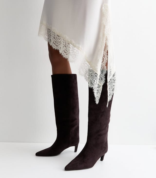 New Look Women's Dark Burgundy Faux Suede Kitten Heel Knee High Boots Vegan New Look - 2