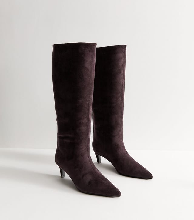 New Look Women's Dark Burgundy Faux Suede Kitten Heel Knee High Boots Vegan New Look - 3
