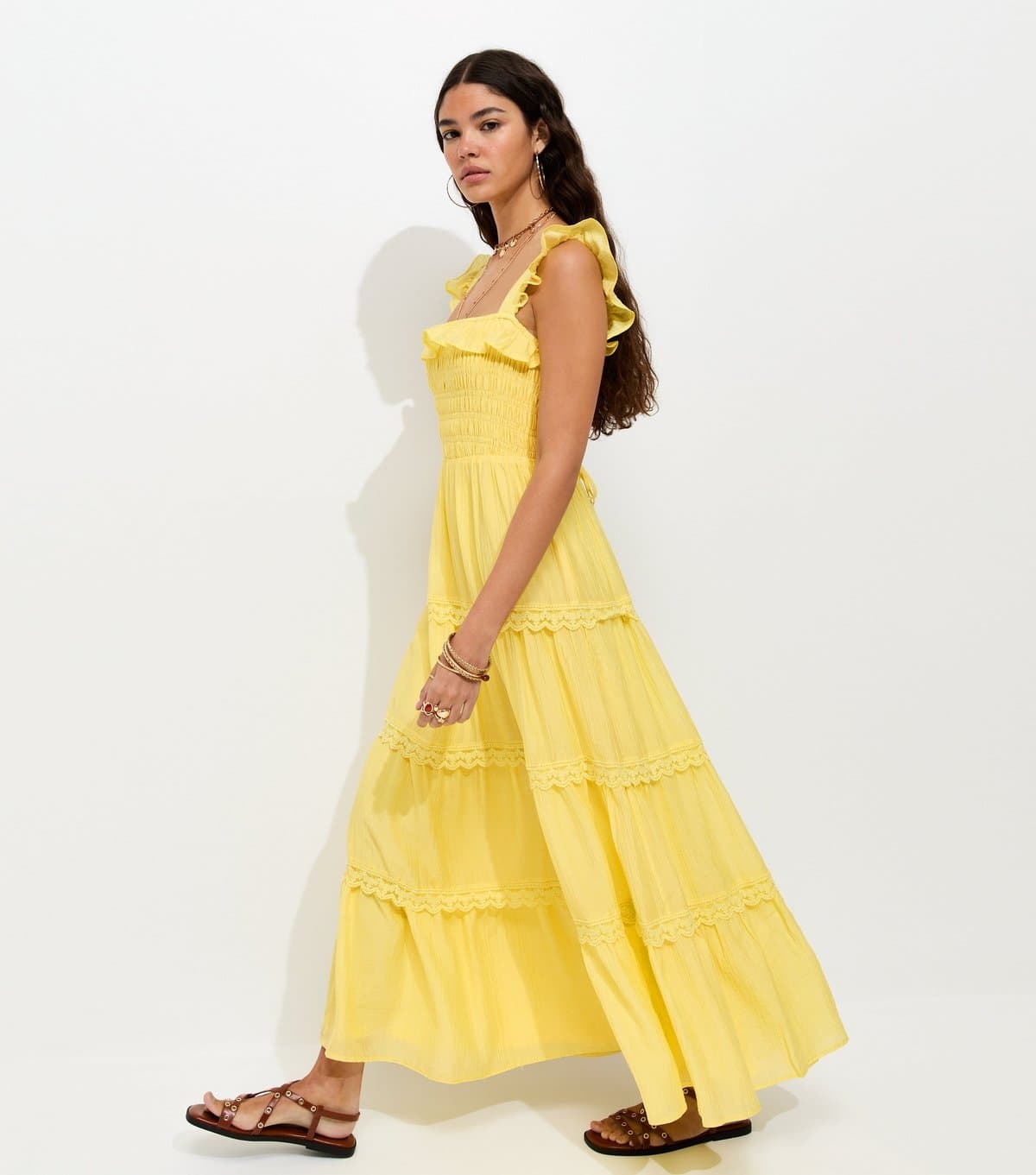 New Look Women's Bright Yellow Frilly Trimmed Shirred tiered Maxi Dress New Look
