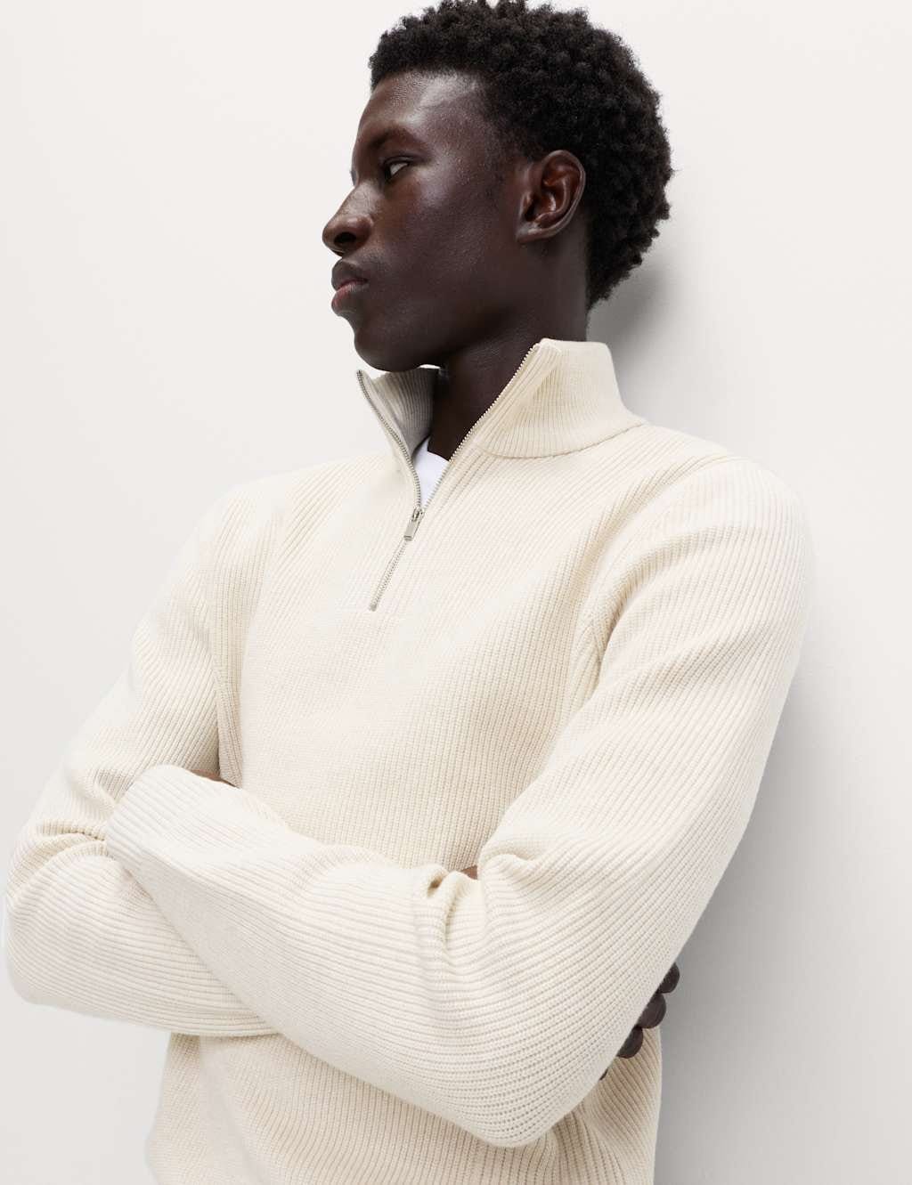 Marks & Spencer M&S Cotton Blend Ribbed Half Zip Jumper Ecru - 4