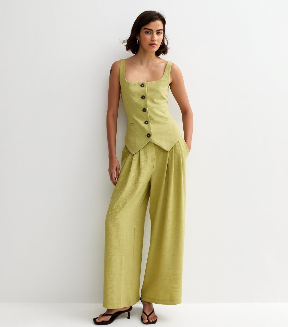 New Look New Look Light Green Wide Leg Pleated Trousers