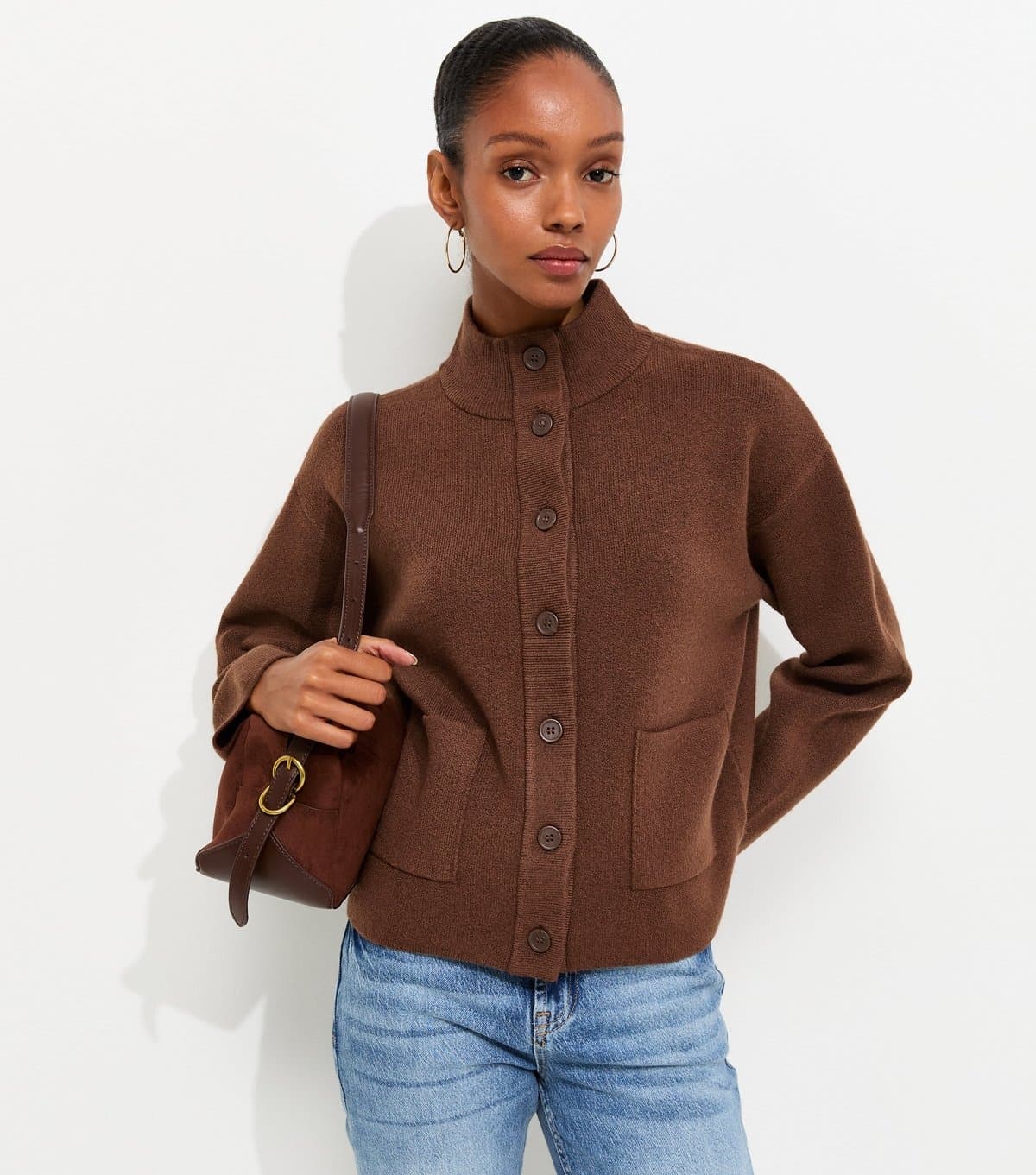 New Look Women's Brown Knitted Patch Pocket Bomber Cardigan New Look