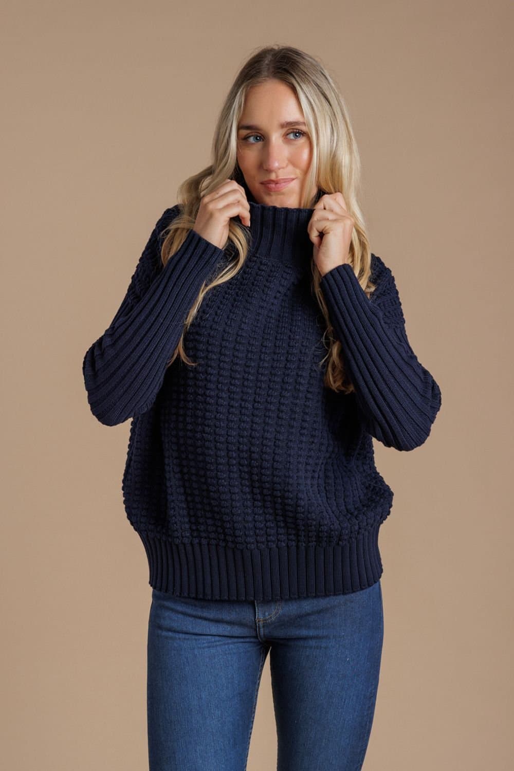 French Connection French Connection Women's Cotton Mozart Popcorn Knit High Neck Jumper in Navy