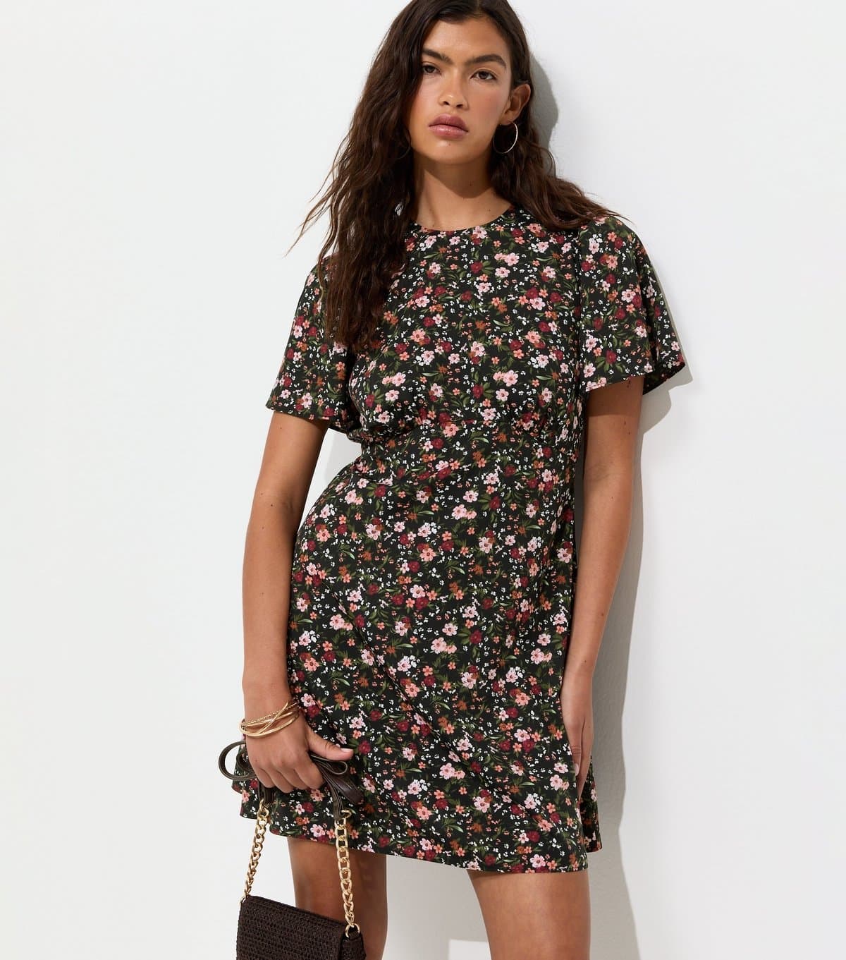 New Look Women's Black Ditsy Floral Flutter Sleeve Mini Dres New Look