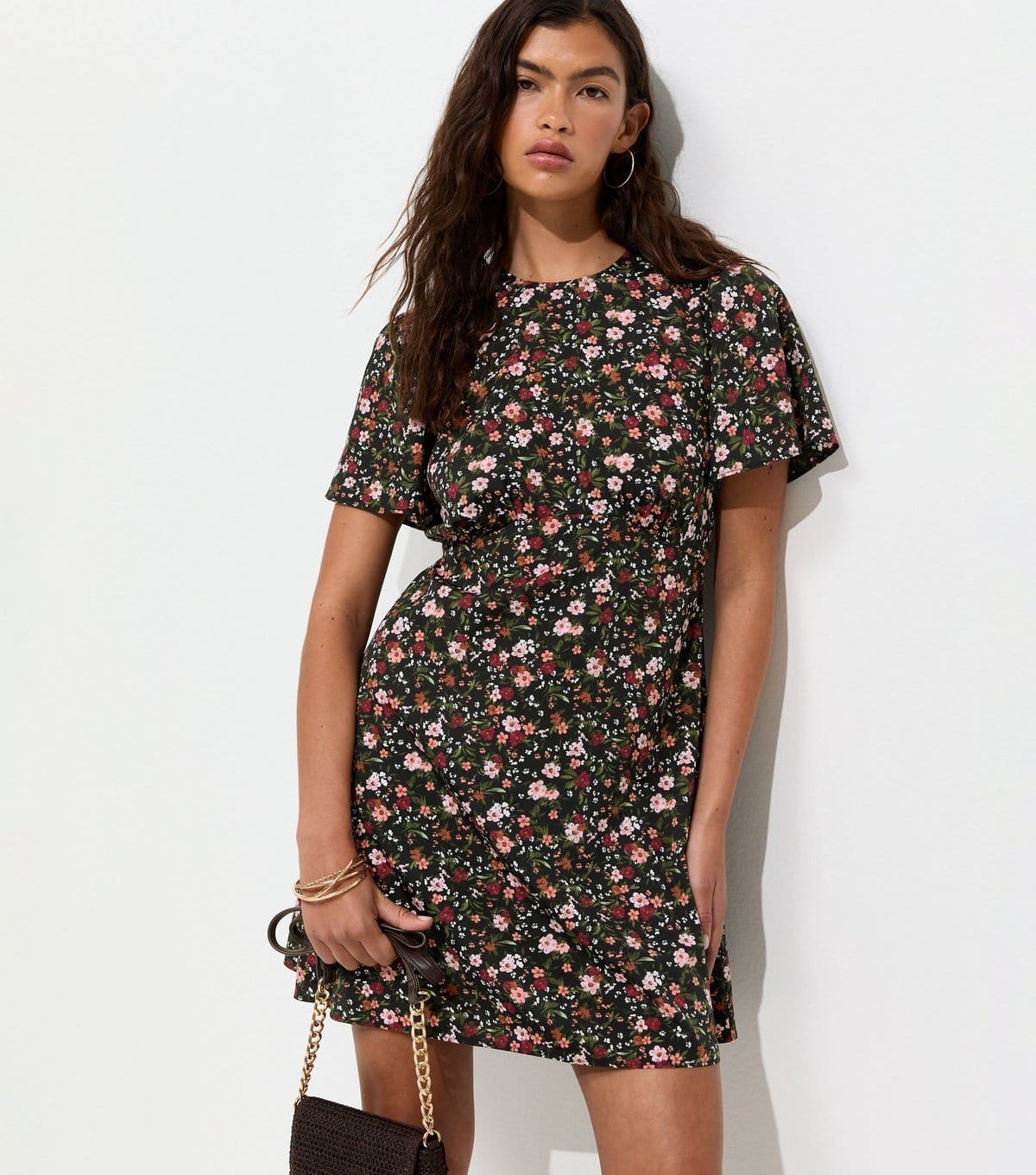 New Look Black Ditsy Floral Flutter Sleeve Mini Dress