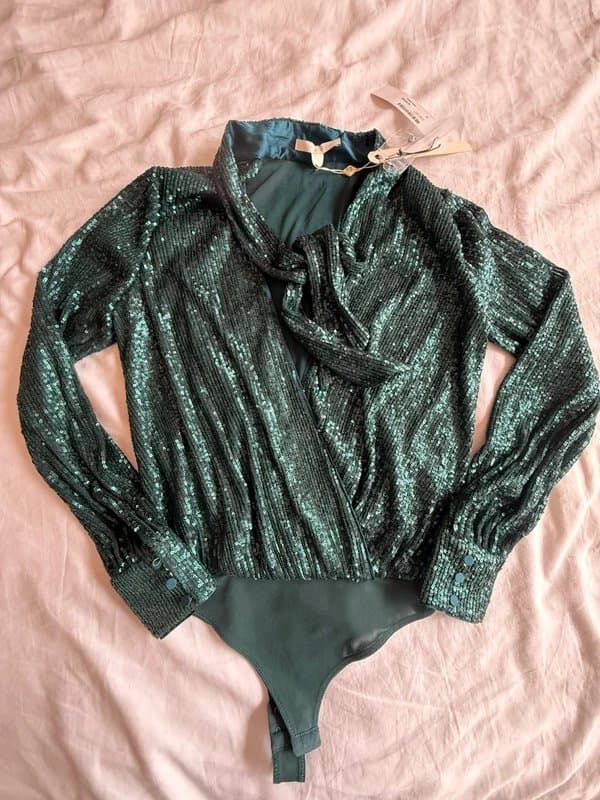 Jonathan Simkhai Jonathan Simkhai Sequin Wrap Bodysuit Dark Green Plunge Neck Tie Detail XS UK 6 8 NWT