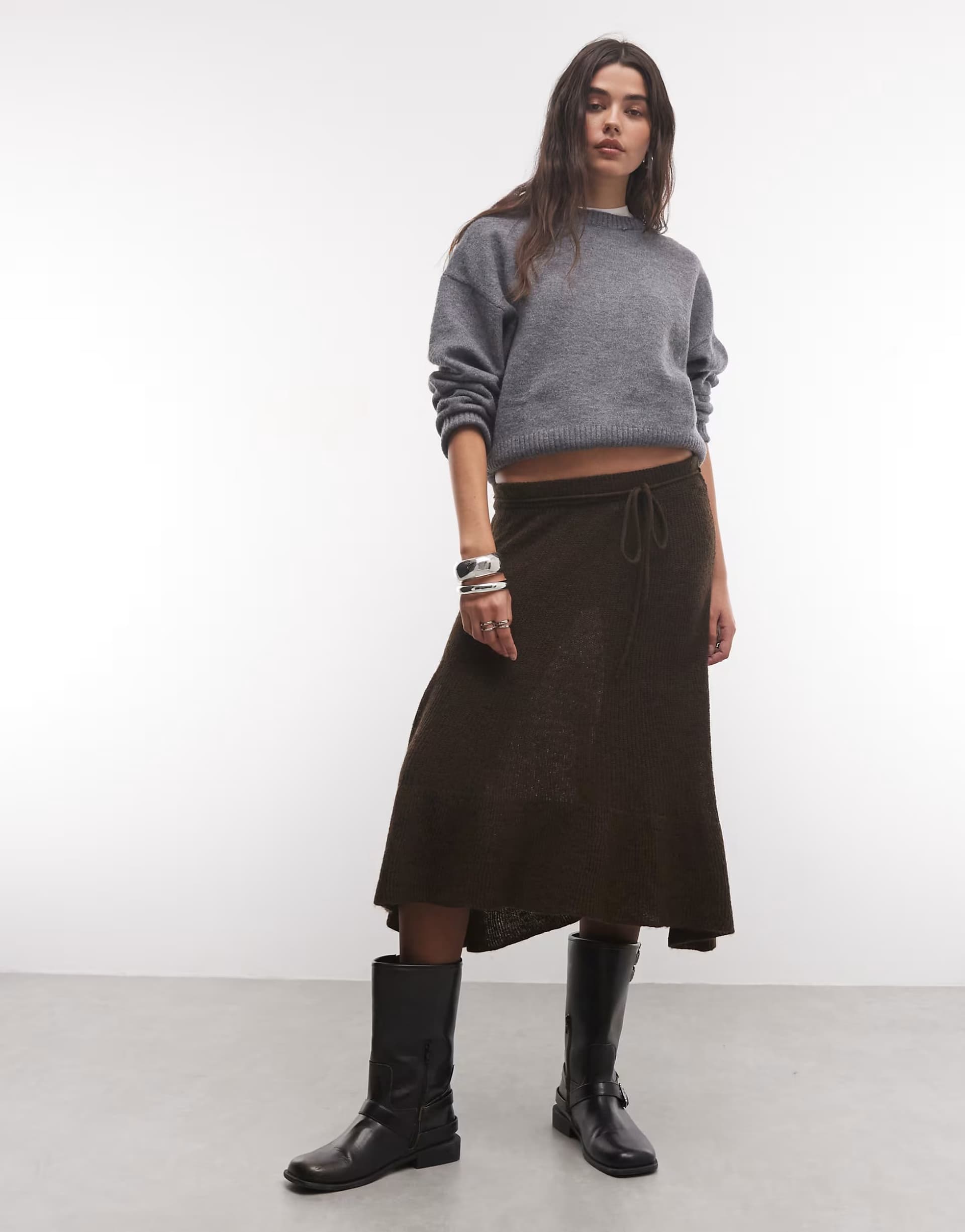 ASOS Reclaimed Vintage knitted wool blend midi skirt in chocolate brown