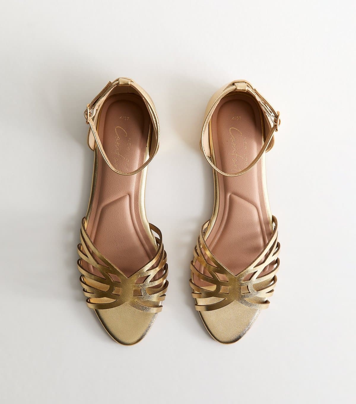 New Look Women's Gold Faux Leather Cut Out Strap Flat Sandals Vegan New Look