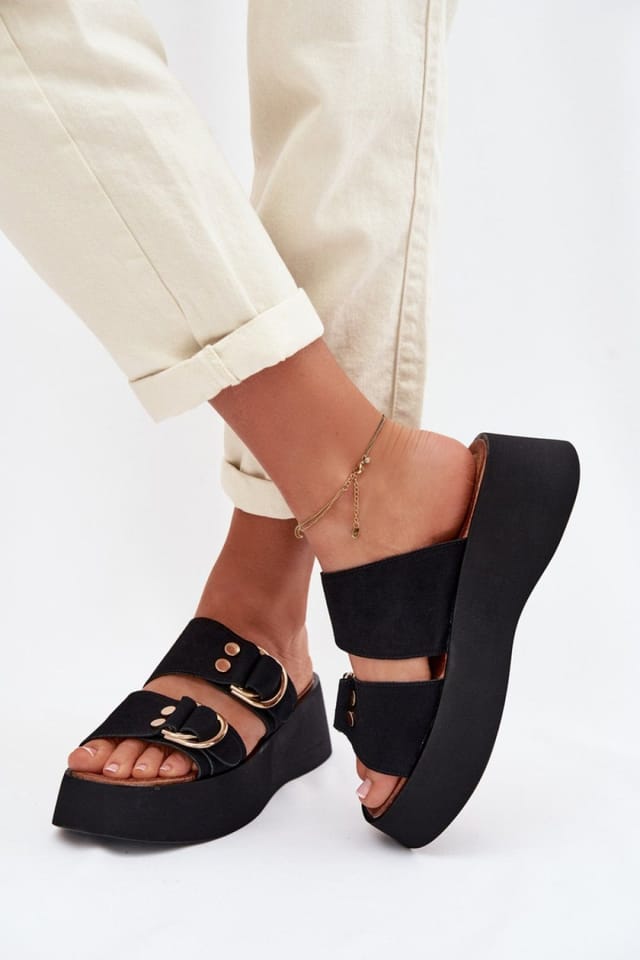 Love Lace Love Lace Women's Platform Sandals Chunky Heel Slip On Open Toe Summer Sandals in Black - 3