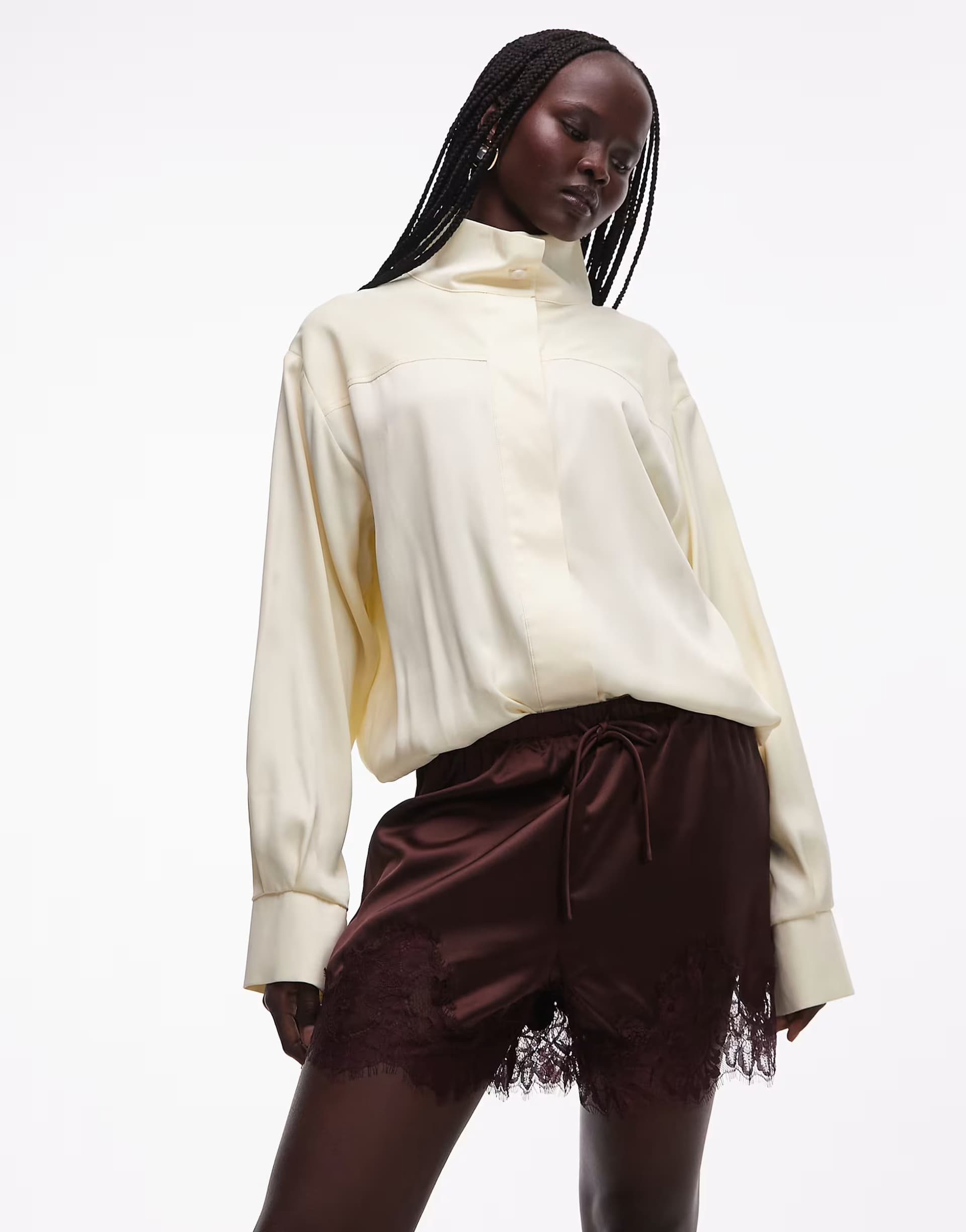 ASOS ASOS DESIGN satin lace trim drawstring waist short in brown