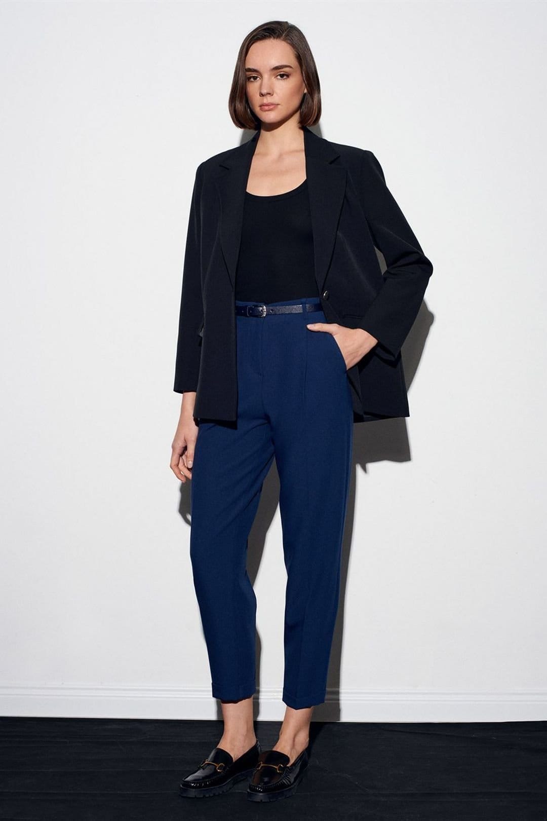 Dilvin Navy Belted Straight-Leg Trousers
