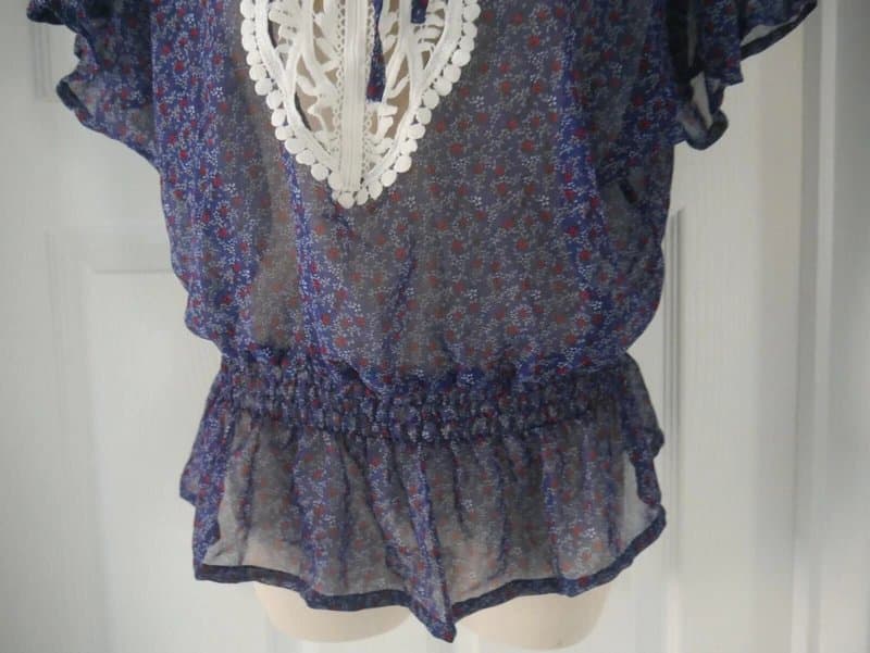 Carbon Carbon Blouse Ladies Size 14 Blue Floral Crochet Neck Chiffon Top Summer BNWT