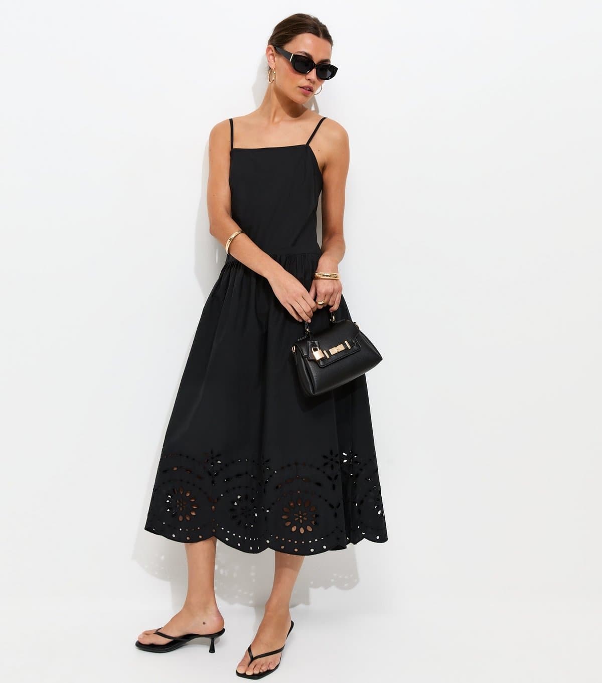 New Look Women's Black Broderie Anglaise Hem Cami Midi Dress New Look