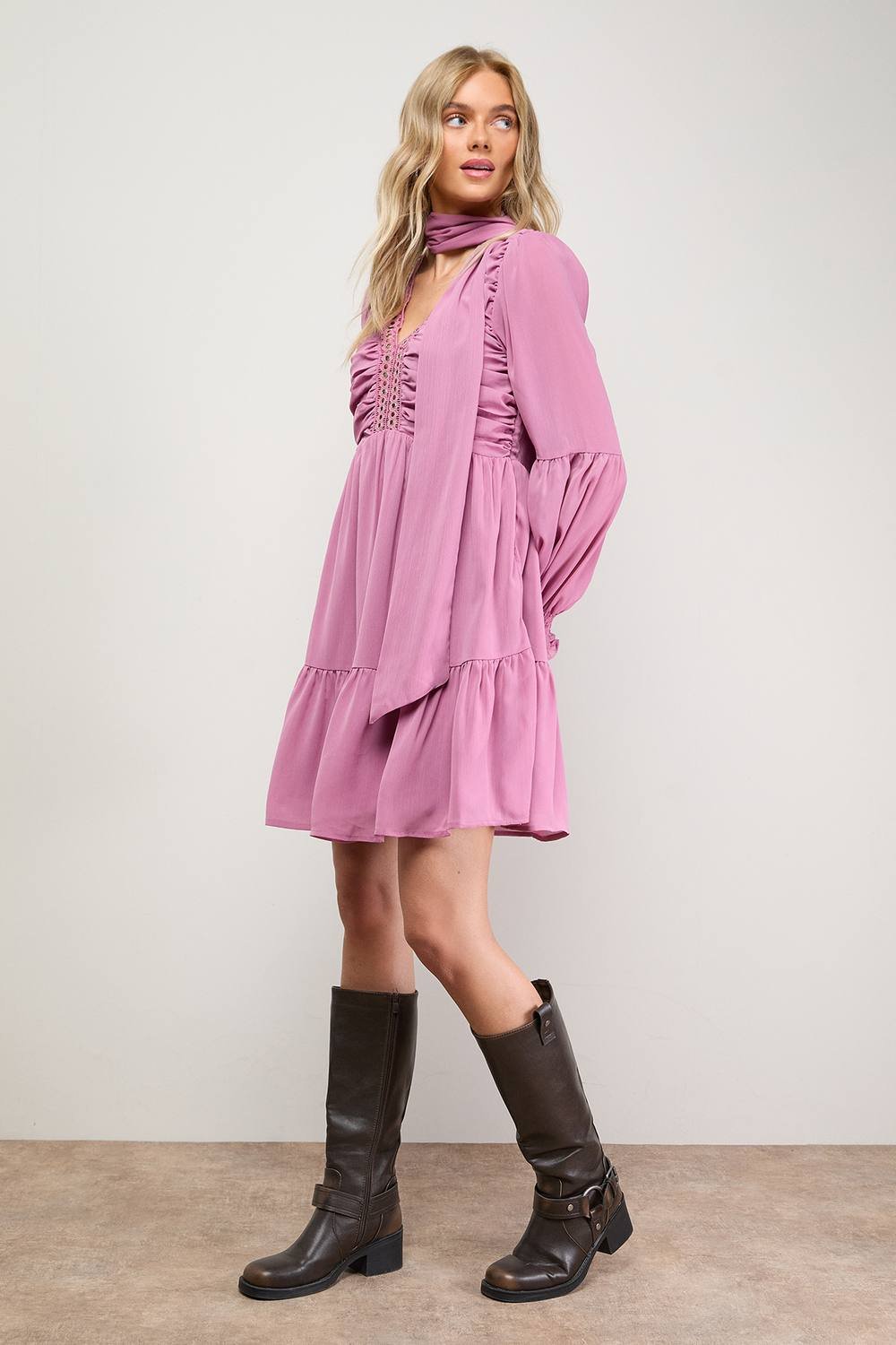 Oasis Oasis Women's Ruched Bow Tie Mini Dress With Stud Trim in Rose - 2