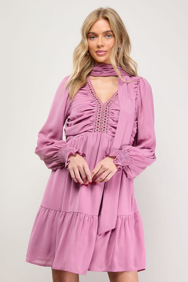 Oasis Oasis Women's Ruched Bow Tie Mini Dress With Stud Trim in Rose - 2