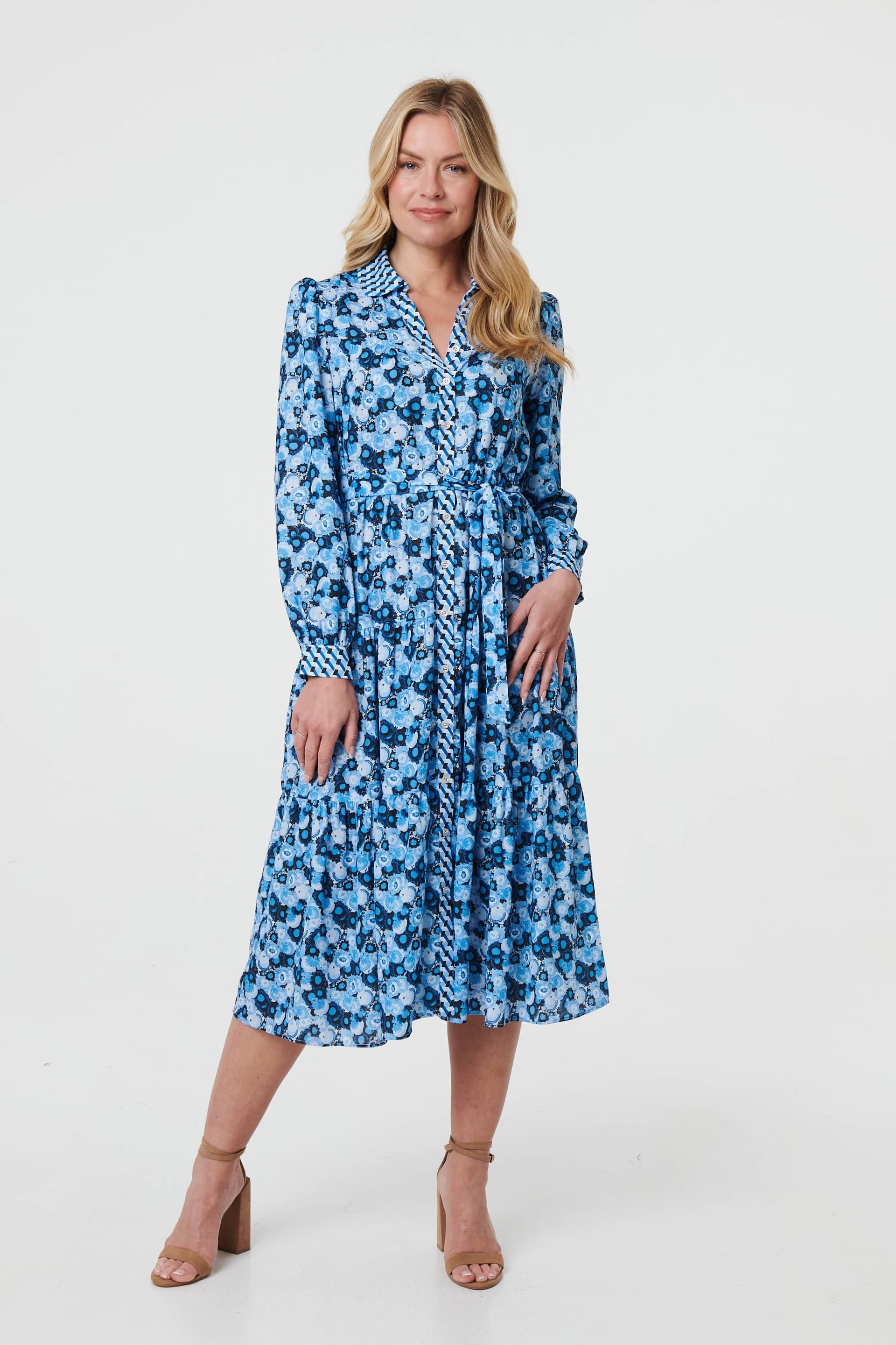 Izabel London Izabel London Women's Floral Tie Waist Midi Shirt Dress in Blue