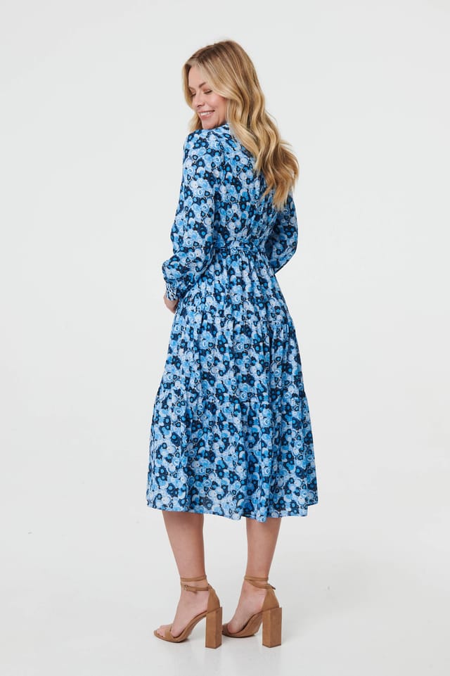 Izabel London Izabel London Women's Floral Tie Waist Midi Shirt Dress in Blue - 3