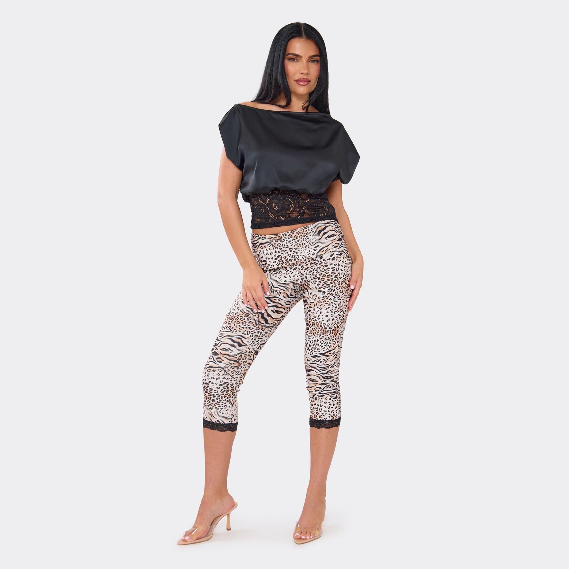 EGO Mid Rise Lace Trim Capri Leggings In Brown Leopard Print, Women's Size UK 6