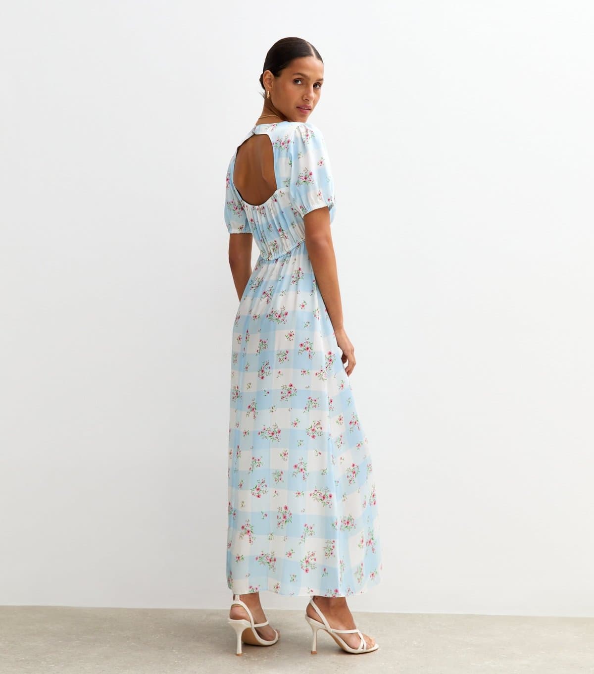 New Look Women's Blue Checked Floral Print Satin Midi Dress New Look