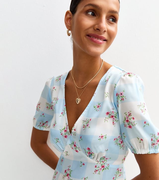 New Look Women's Blue Checked Floral Print Satin Midi Dress New Look - 2